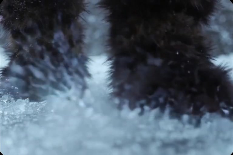 Furry boots striding through icy snow.