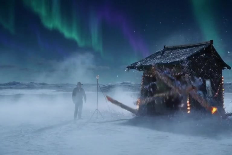 Hunter, shack, tripod light, green and purple aurora.